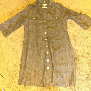 Malvin I Love Linen Shirt Dress L/10 Brown Button Front Travel Resort Summer